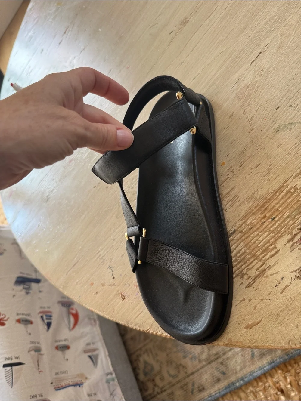 Anine Bing Black Leather Adjustable Strap Sandals with Gold Accents